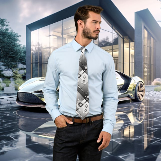 Cravate Art déco en noir et blanc (Playful black and white tie with an original art deco design)