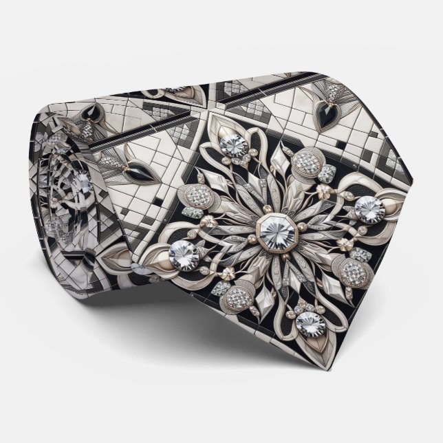 Cravate Art Deco Faux Soie | Diamants Luxe B+W  (Roulé)