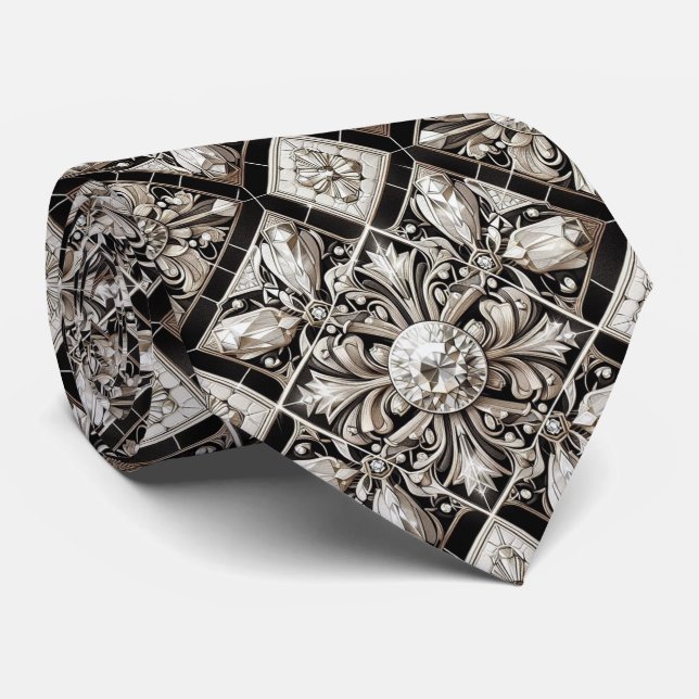 Cravate Art Deco Faux Soie | Diamants Luxe B+W  (Roulé)
