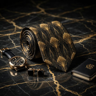 Cravate Art Déco Géométrique Gatsby Or Luxueux