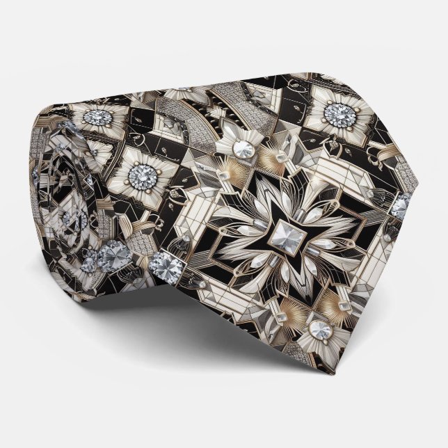 Cravate Art Déco Noir et Blanc Diamants  (Roulé)