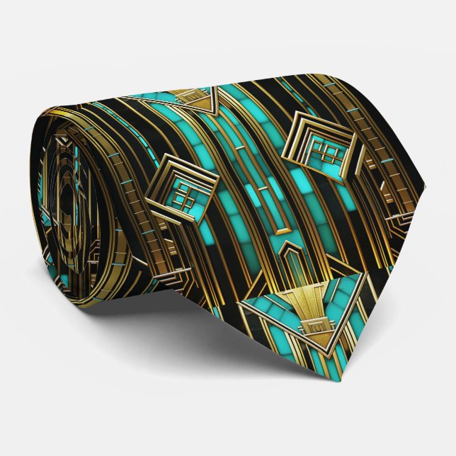 Cravate Art Déco Turquoise Or Noir Géométrique (Roulé)