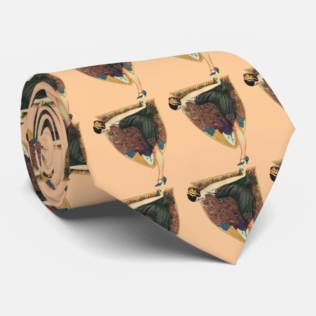 Cravate Art Déco vintage Flapper au paon  (Roulé)