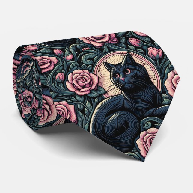 Cravate Art Nouveau Art Deco Black Cat with Pink Roses (Roulé)