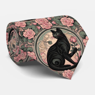 Cravate Art Nouveau Art Déco Chat Noir avec Roses Roses