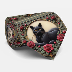 Cravate Art Nouveau Art Déco Chat Noir avec Roses Rouges