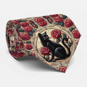 Cravate Art Nouveau Art Déco Chat Noir avec Roses Rouges