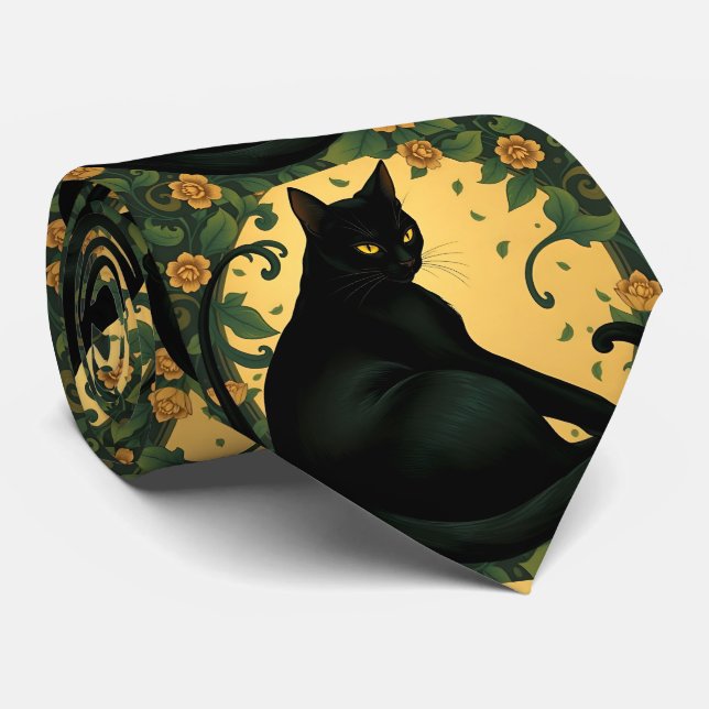 Cravate Art nouveau coloré Art Nouveau Chat noir Motif (Roulé)