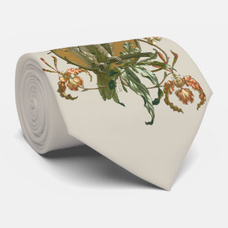 Cravate Art Nouveau vintage, Cockatoo Bird, Fleurs d'orchi