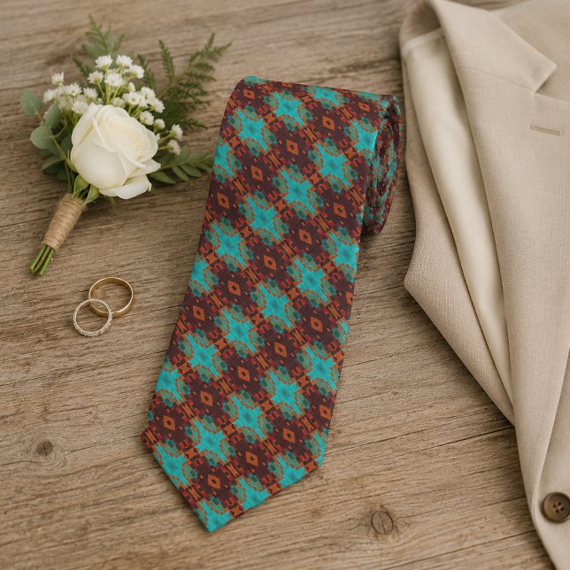 Cravate Art Tribal Aqua Turquoise Vert Orange Marron (Créateur téléchargé)