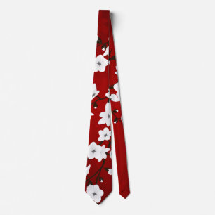 Cravate Asie Floral blanc cerisier rouge