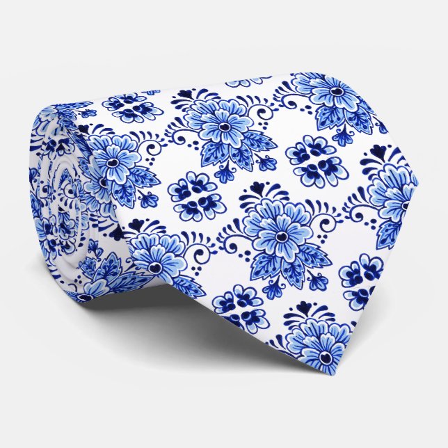 Cravate Assez Classique Motif d'Art Floral Bleu Delft Holl (Roulé)