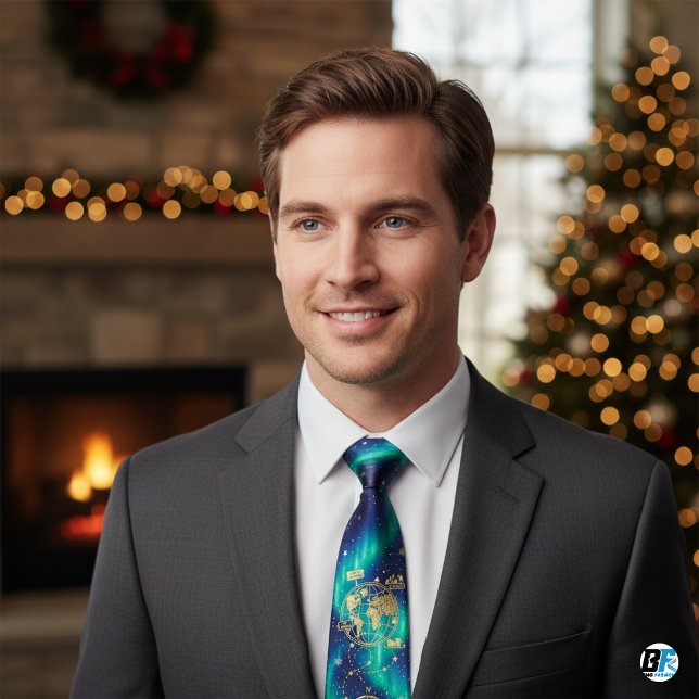 Cravate Aurora Borealis Christmas Map, Gold North Pole  (Christmas Neck Tie)