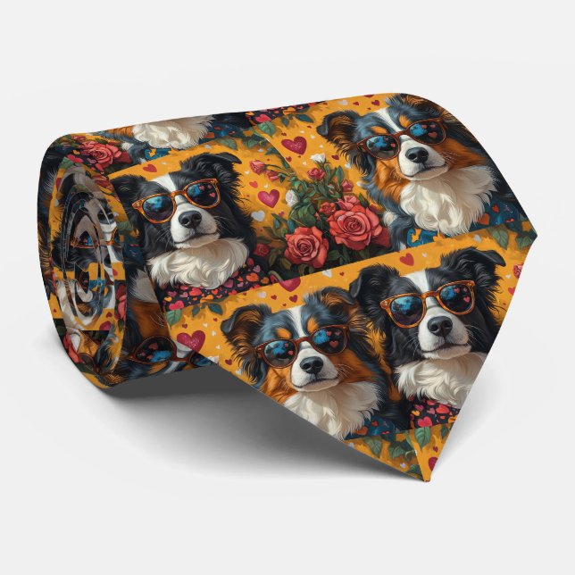 Cravate Australian Shepherd Heart Roses Saint-Valentin (Roulé)