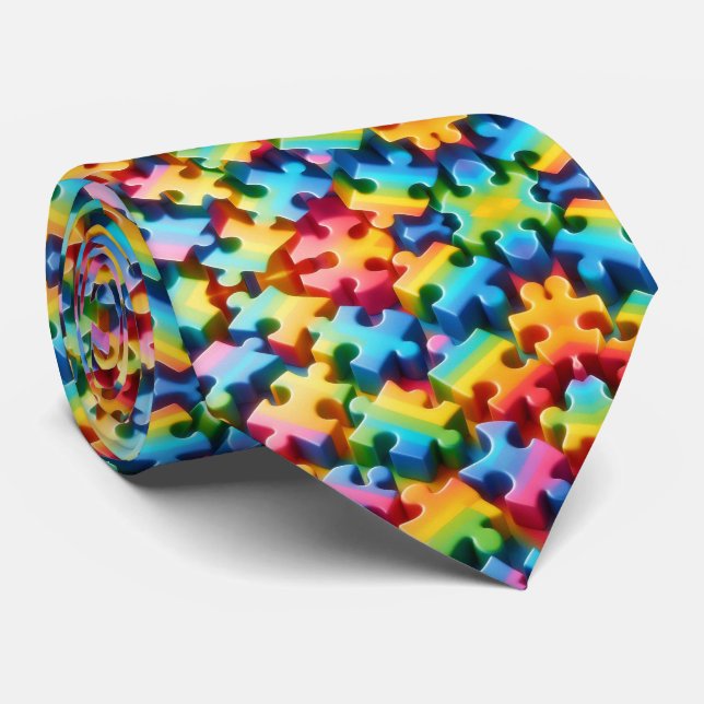 Cravate Autism Awareness Rainbow Puzzle Pieces Neck Tie (Roulé)