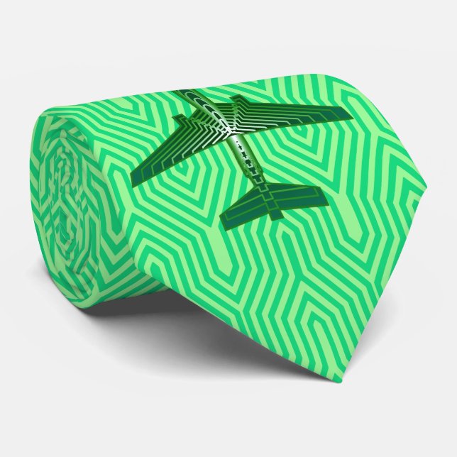 Cravate Avion Art Déco, Émeraude et Vert Jade (Roulé)