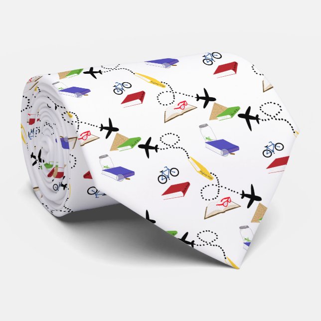 Cravate Avion Bicyclettes Livres Bleu Vert Rouge Jaune (Roulé)
