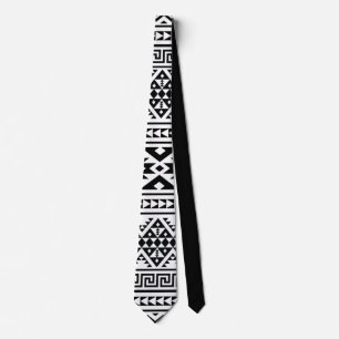 Cravate Aztec Boho, Motif tribal géométrique noir blanc