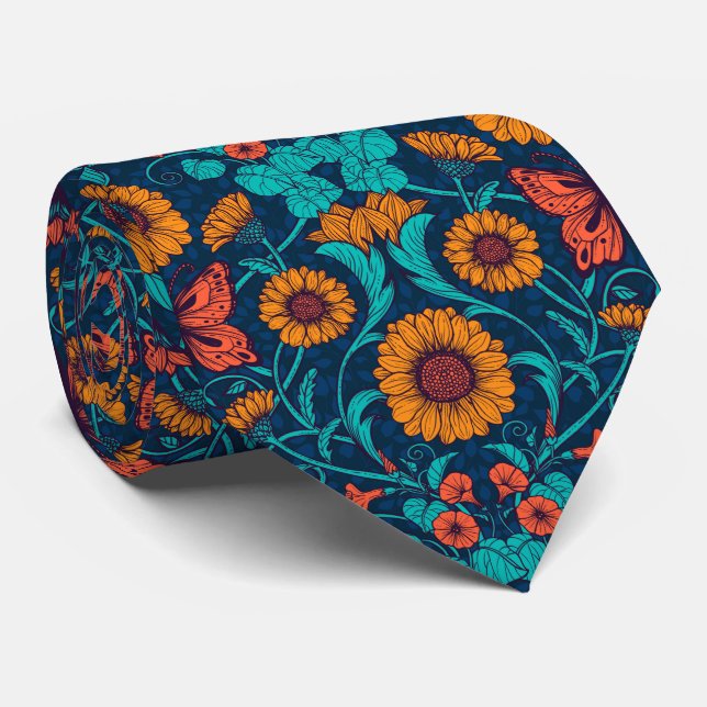 Cravate Baies Art Nouveau en bleu et jaune (Roulé)