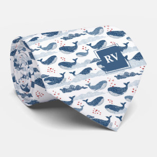 Cravate Baleines bleues et cœurs monogrammés dans des vagu