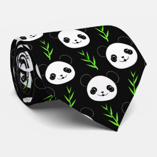 Cravate Bambou Motif Kawaii Panda En Blanc Noir