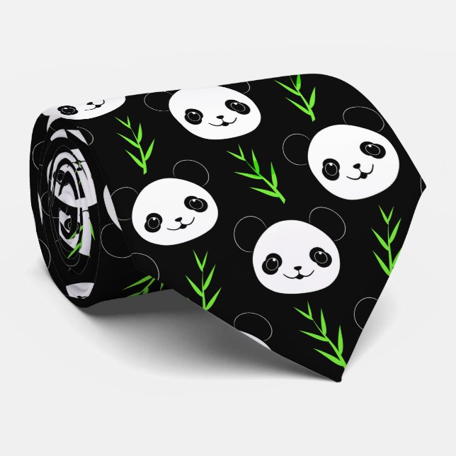Cravate Bambou Motif Kawaii Panda En Blanc Noir (Roulé)