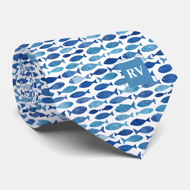 Cravate Banc de poissons de l'école navale à monogramme (Roulé)