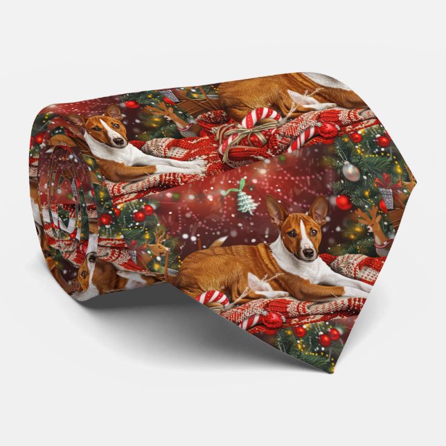 Cravate Basenji chien festif de Noël (Roulé)
