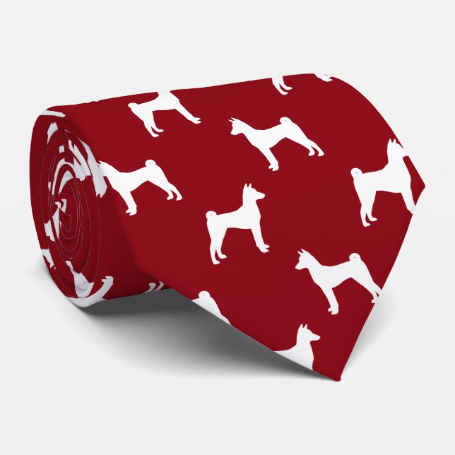 Cravate Basenji Chien Silhouettes Motif Rouge et blanc (Roulé)