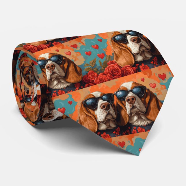 Cravate Basset Hound aux roses de la Saint-Valentin  (Roulé)