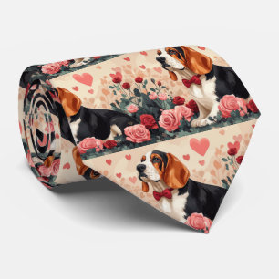 Cravate Basset Hound avec des Roses - Saint-Valentin 