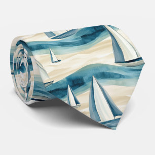 Cravate Bateau à voile bleu moderne motif vague océanique