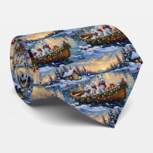 Cravate Bateau de Noël de Samoyède blanc pour les fêtes