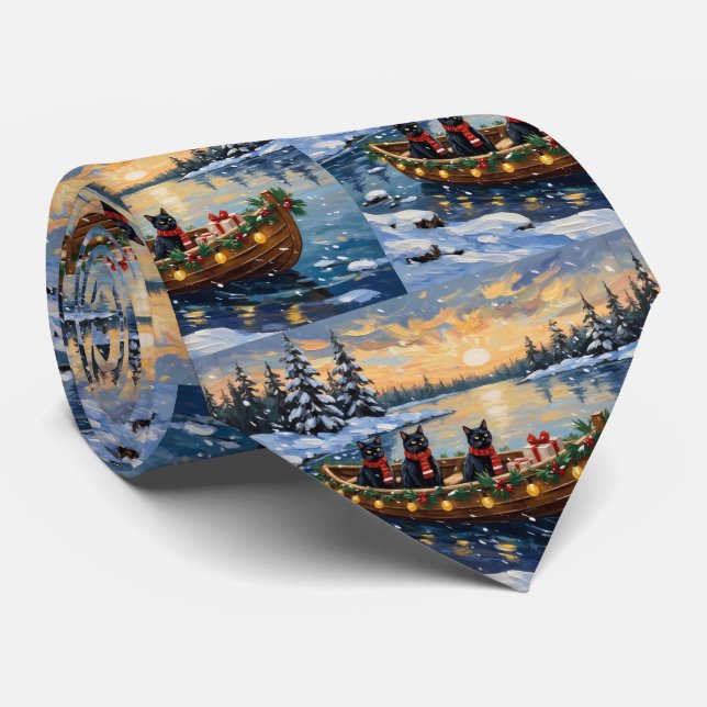 Cravate Bateau de Noël pour chat noir pour les fêtes (Roulé)