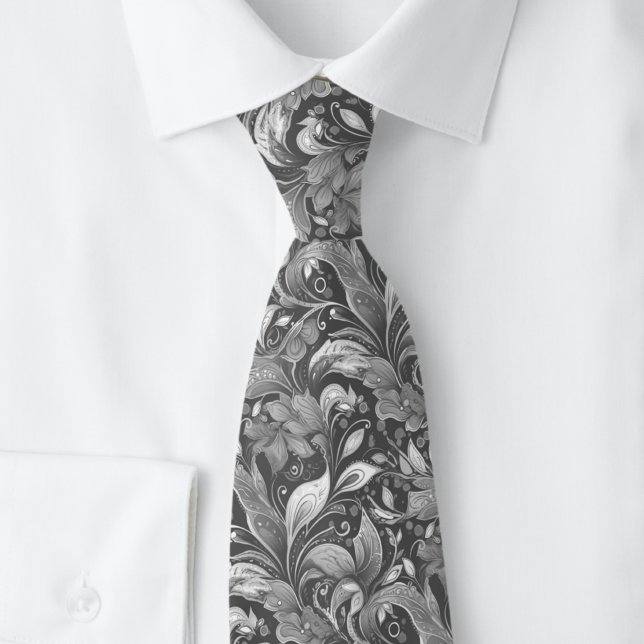 Cravate Batik botanique gris métallisé (Créateur téléchargé)