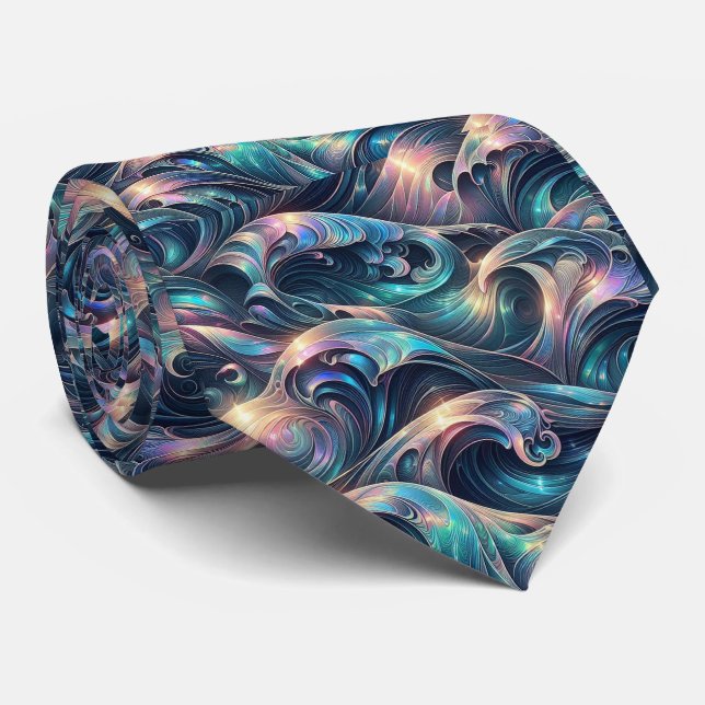Cravate Beach Lovers Tie | Holographic Ocean Waves Pattern (Roulé)