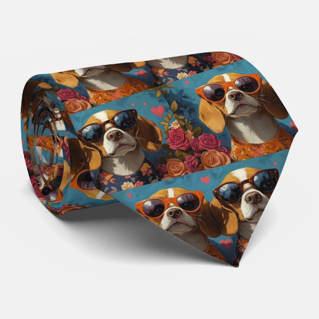 Cravate Beagle aux roses du cœur pour la Saint-Valentin (Roulé)