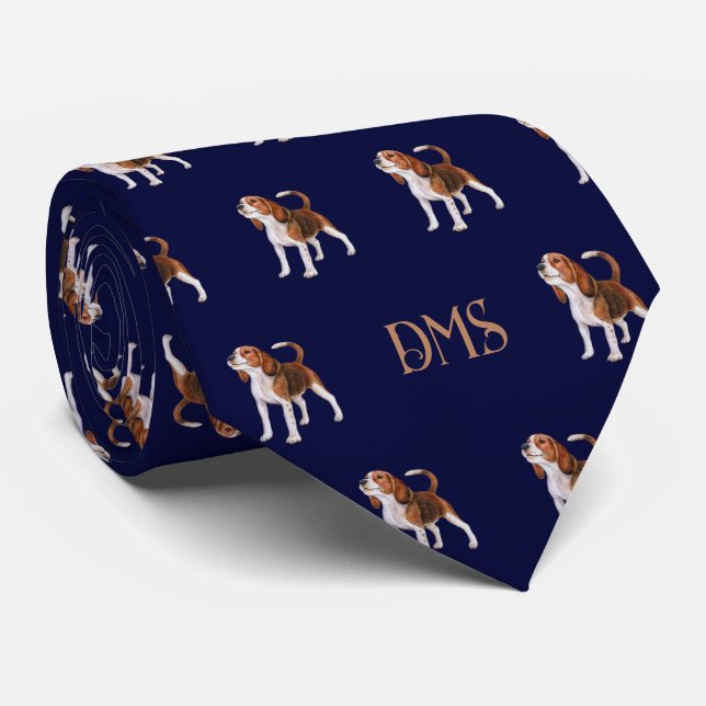 Cravate Beagle Bliss : Monogramme Beagle Motif Marine Bleu (Roulé)