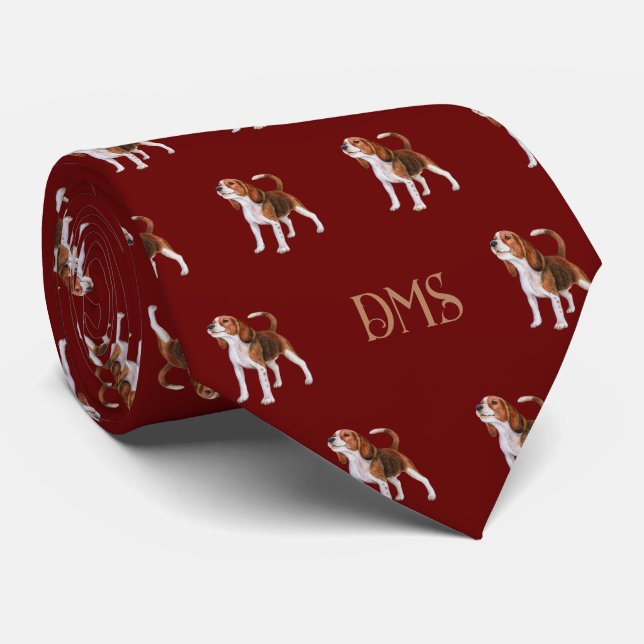 Cravate Beagle Bliss : Motif Beagle monogramme rouge (Roulé)