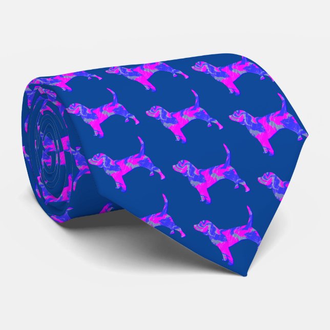 Cravate Beagle Hound Chien rose et bleu Silhouette Bleu (Roulé)
