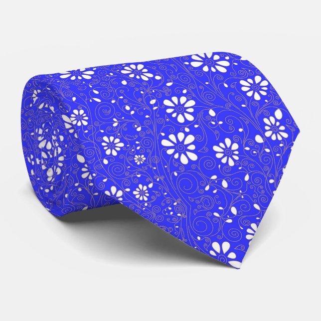 Cravate Beau bleu blanc classique fleurs motif (Roulé)