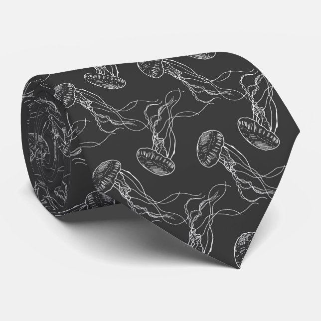 Cravate beau motif de méduse fond noir (Roulé)