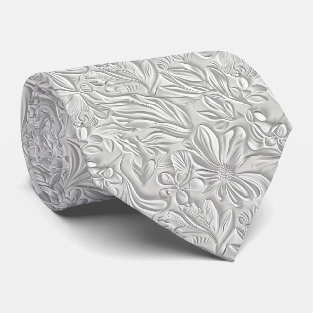 Cravate Beautiful White Floral Pattern Faux Leather  (Roulé)