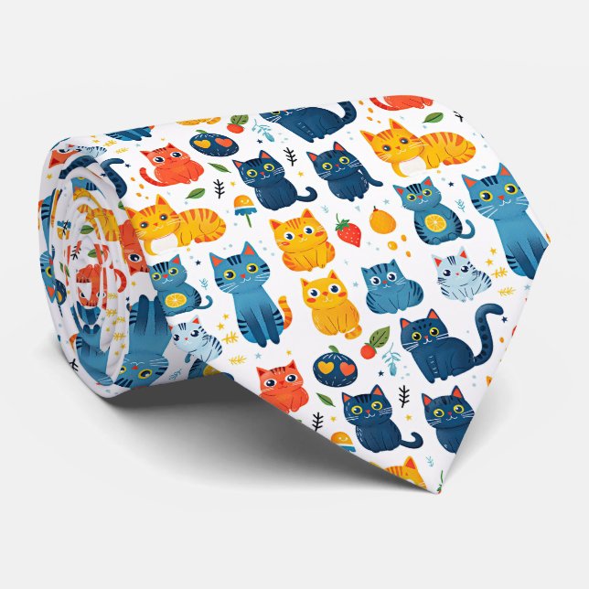 Cravate Beaux chats kawaii, jouer avec des jouets blanc ba (Roulé)