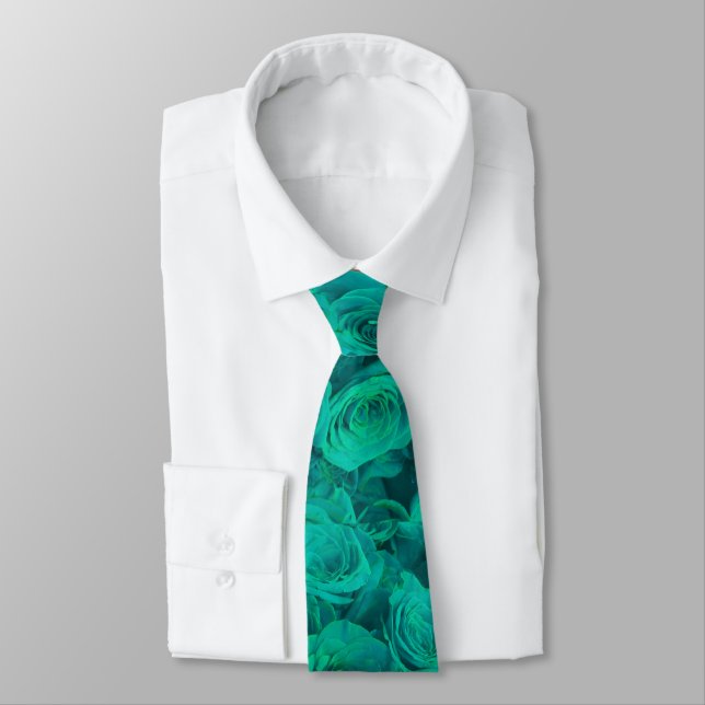 Cravate Beaux roses verts turquoises, fleurs turquoises (Attaché)