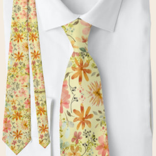 Cravate Belle Pêche Jaune Aquarelle Florale Été Jaune