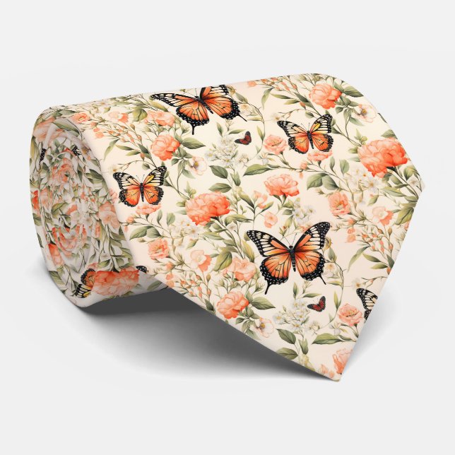 Cravate Belles Papillons Orange Sur Pale Orange (Roulé)
