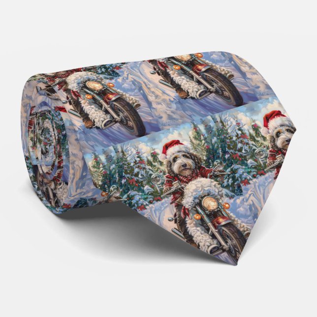 Cravate Bernedoodle Chien Conduisant une Moto Noël (Roulé)