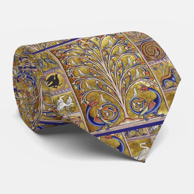 CRAVATE BESTIAIRE MÉDIÉVAL, OISEAUX SUR L'ARBRE DE VIE, DR (Roulé)