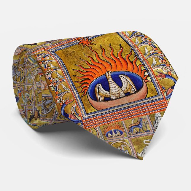 CRAVATE BESTIAIRE MÉDIÉVAL, PHOENIX DANS LES FLAMES ROUGES (Roulé)